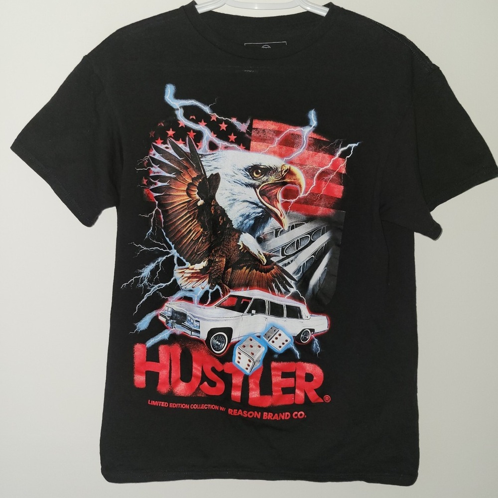 Reason X Hustler Collab Short Sleeve T-Shirt Men's Size Medium Black Eagle Limo